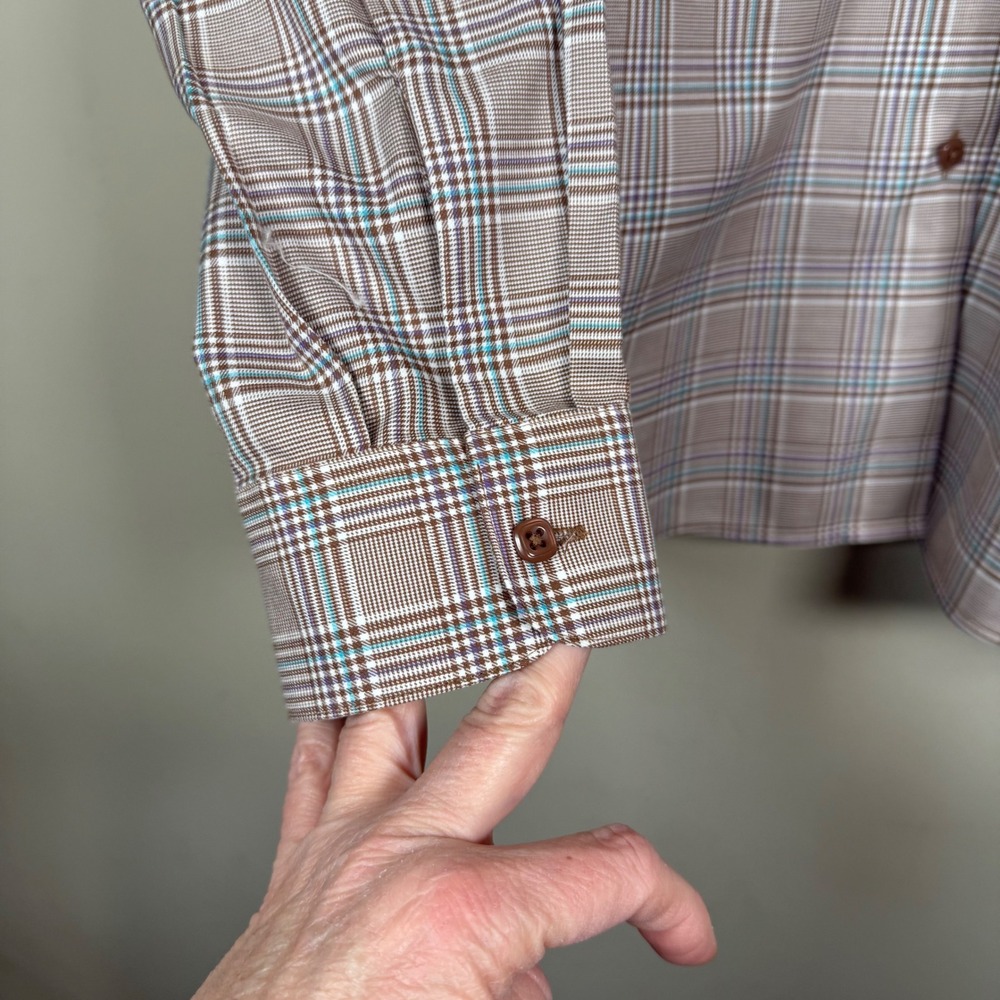 Foxcroft Wrinkle Free Brown Plaid Button Down Shirt Size 14 Career Office - Picture 8 of 10
